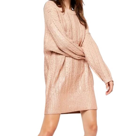 Free People Gold Long Sleeve Sweater Dress, M